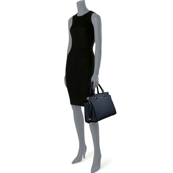 New! MICHAEL KORS Selma Leather Handbag Satchel Bag With Long Straps Navy Blue - Picture 5 of 7